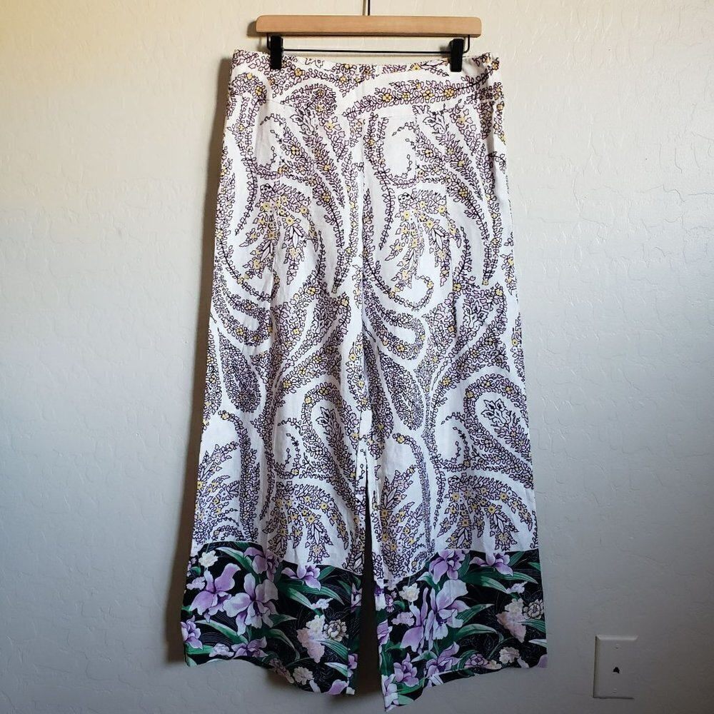 Tahari 100% Linen Boho Tropical Wide Leg Pant Beach Vacation Size Women's Medium